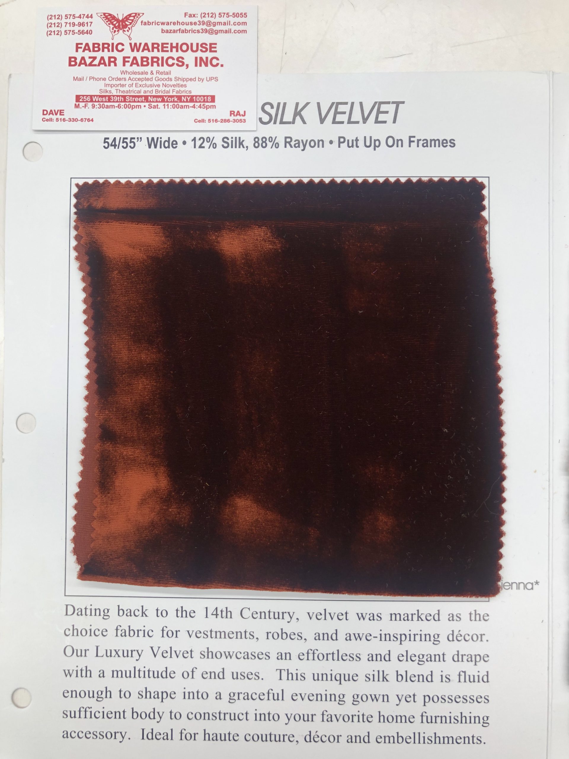 Silk blended velvet fabric 54 wide